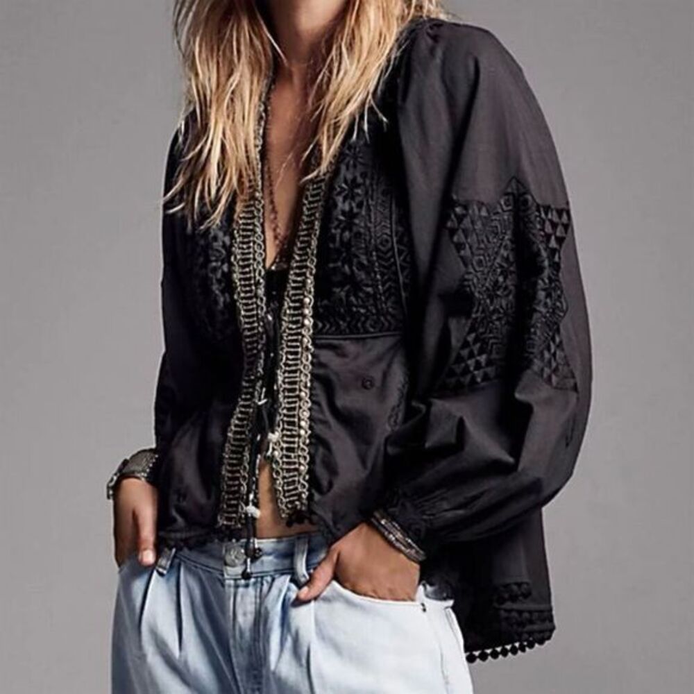 Free People Black Embroidered Boho Jacket
